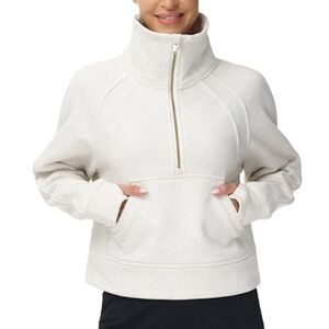 Half Zip Pullover Fleece Stand Collar Crop Sweatshirt with Pockets White